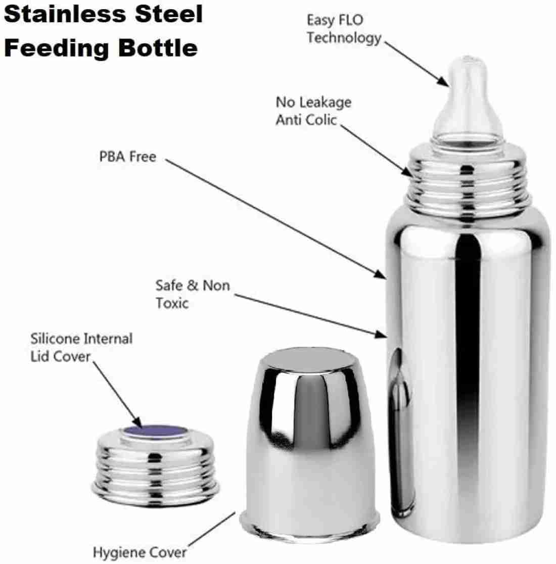 Stainless steel baby bottle side view no odour no staining - Little Rooots